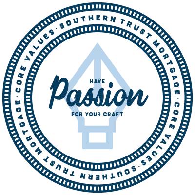 Blue and white circular badge with a symbol and the text “Have passion for your craft”.