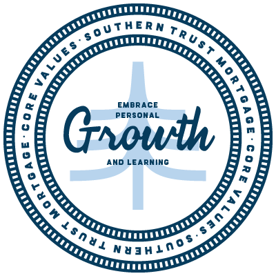 Blue and white circular badge with a symbol and the text “Embrace personal growth and learning”.
