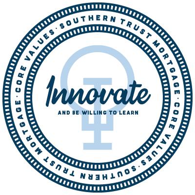 Blue and white circular badge with a symbol and the text “Innovate and be willing to learn”.