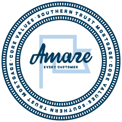 Blue and white circular badge with a symbol and the text “Amare Every Customer” at the center.