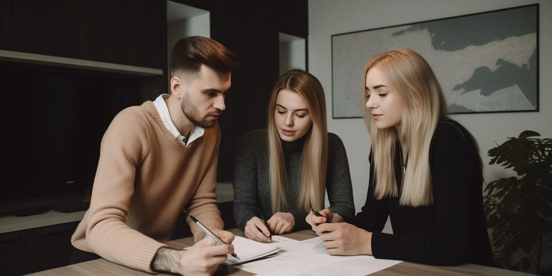 A cheerful three-member team holding pens and working on paperwork on a desk in an office.