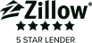 Black logo of Zillow with stars, including '5 Star Lender' text and stylish 'z' logo.