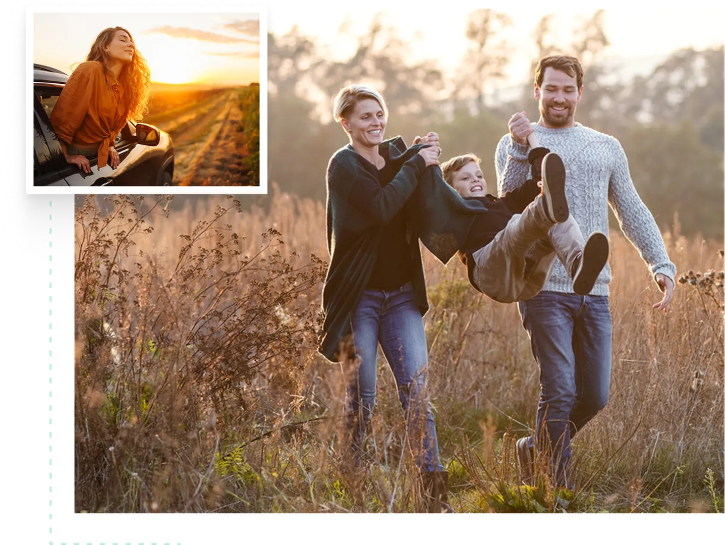 Two adults lifting a child, playing in a sunlit field, surrounded by grass and a warm sunset glow.