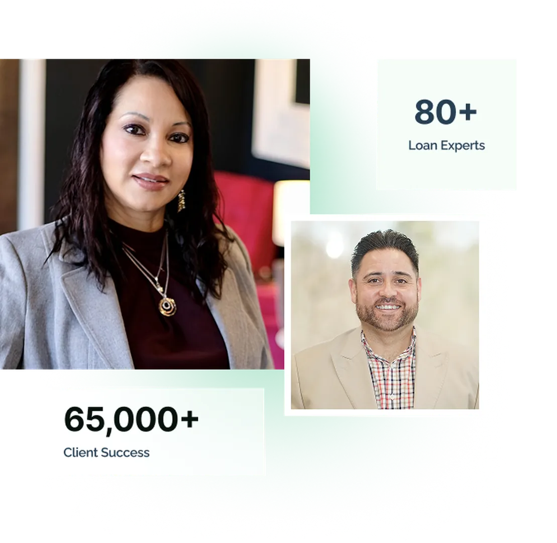 Two professionals beside stats showing 65,000+ client successes and 80+ loan experts.