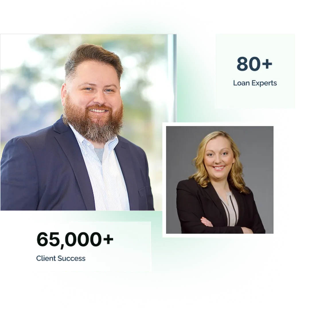 Two professionals beside stats showing 65,000+ client successes and 80+ loan experts.