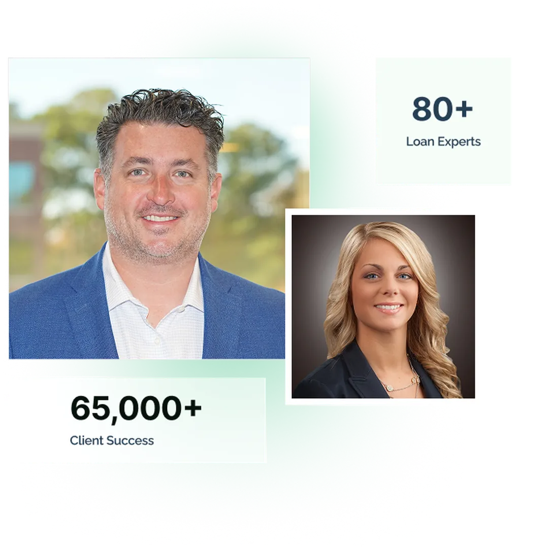 Two professionals beside stats showing 65,000+ client successes and 80+ loan experts.